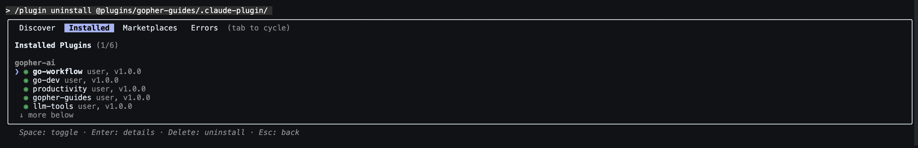 Plugin uninstall interface showing installed Gopher AI plugins with options to toggle, view details, or uninstall