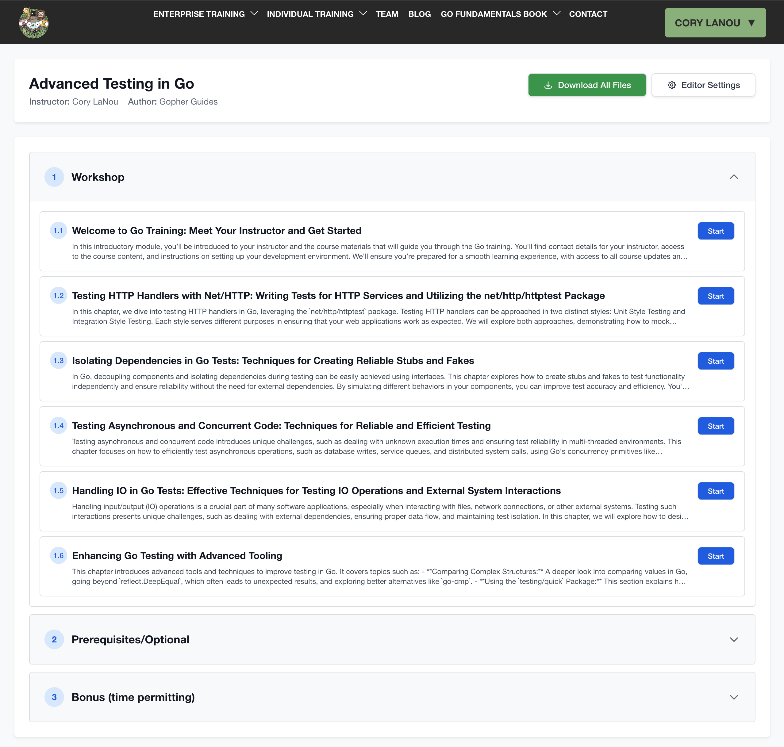 Course agenda showing expanded module with detailed slide descriptions