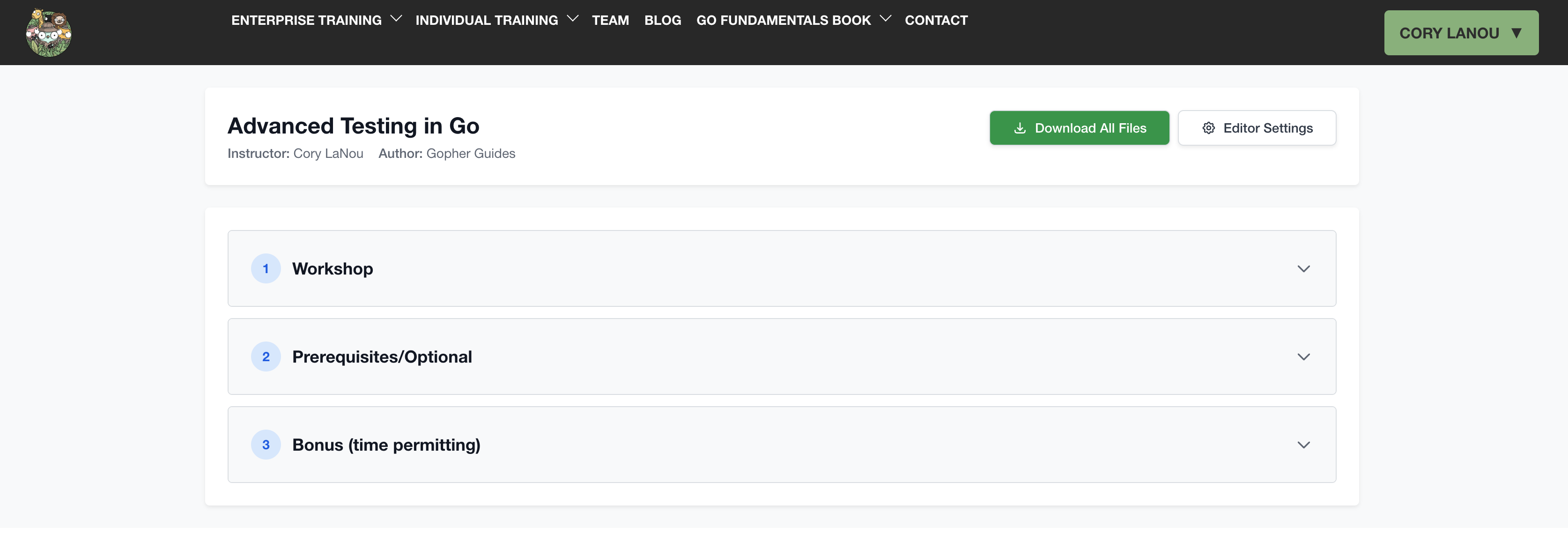 Course landing page showing the Download All Files button