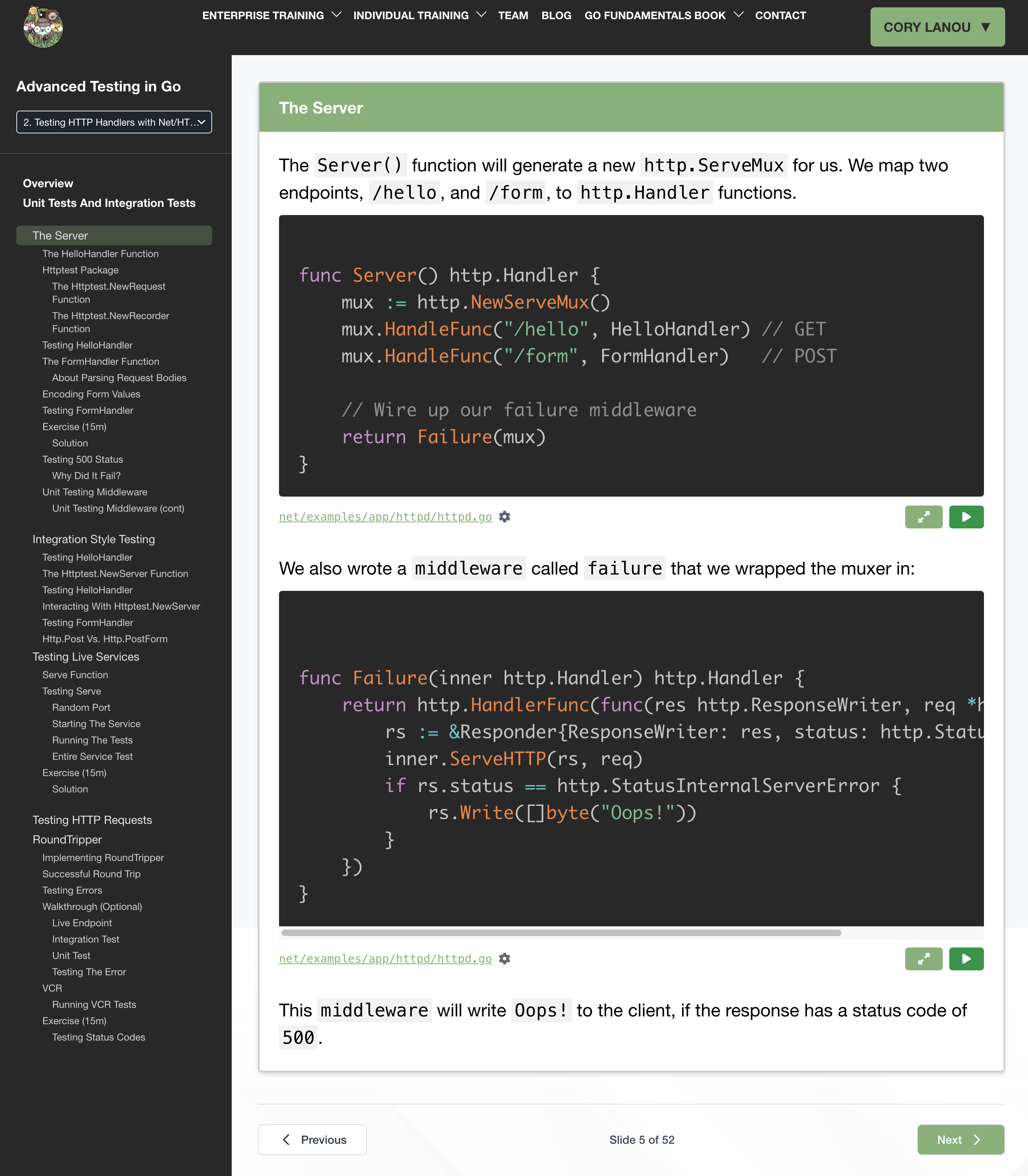 Course slide showing syntax-highlighted Go code with clickable file paths