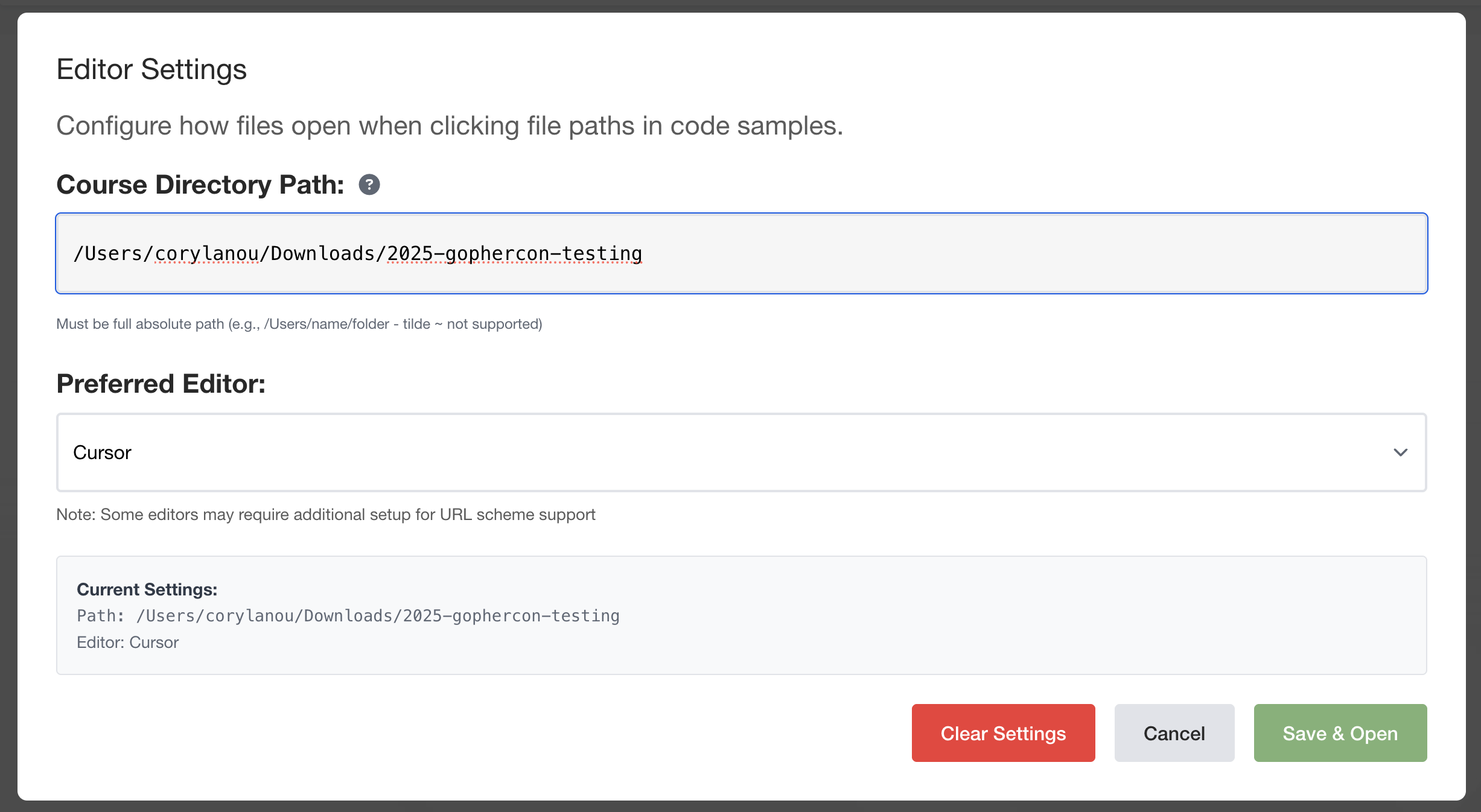 Editor settings dialog showing configuration options